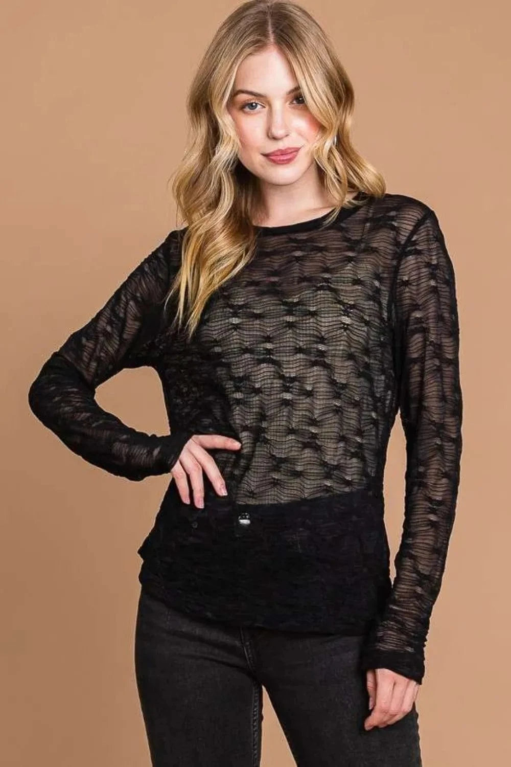 Trendsi Black / S Culture Code Full Size Round Neck Mesh Perspective Top