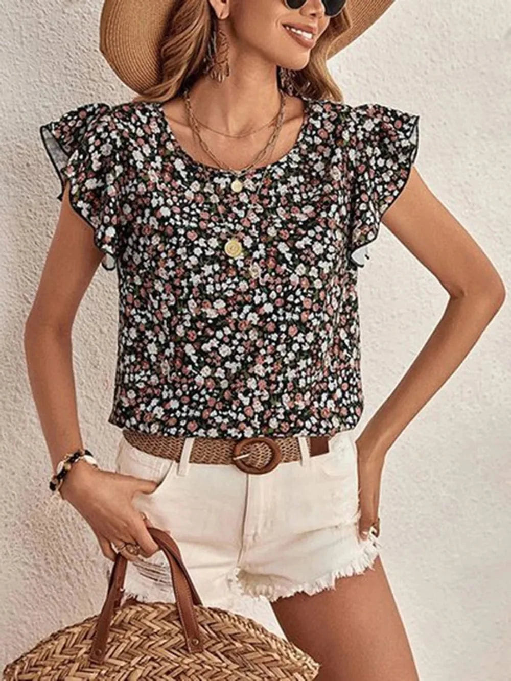 Trendsi Black / S Ditsy Floral Round Neck Cap Sleeve Top