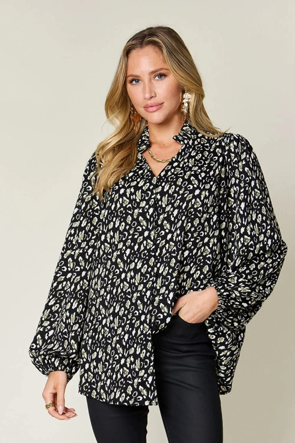 Trendsi Black / S Double Take Full Size Leopard Long Sleeve Blouse