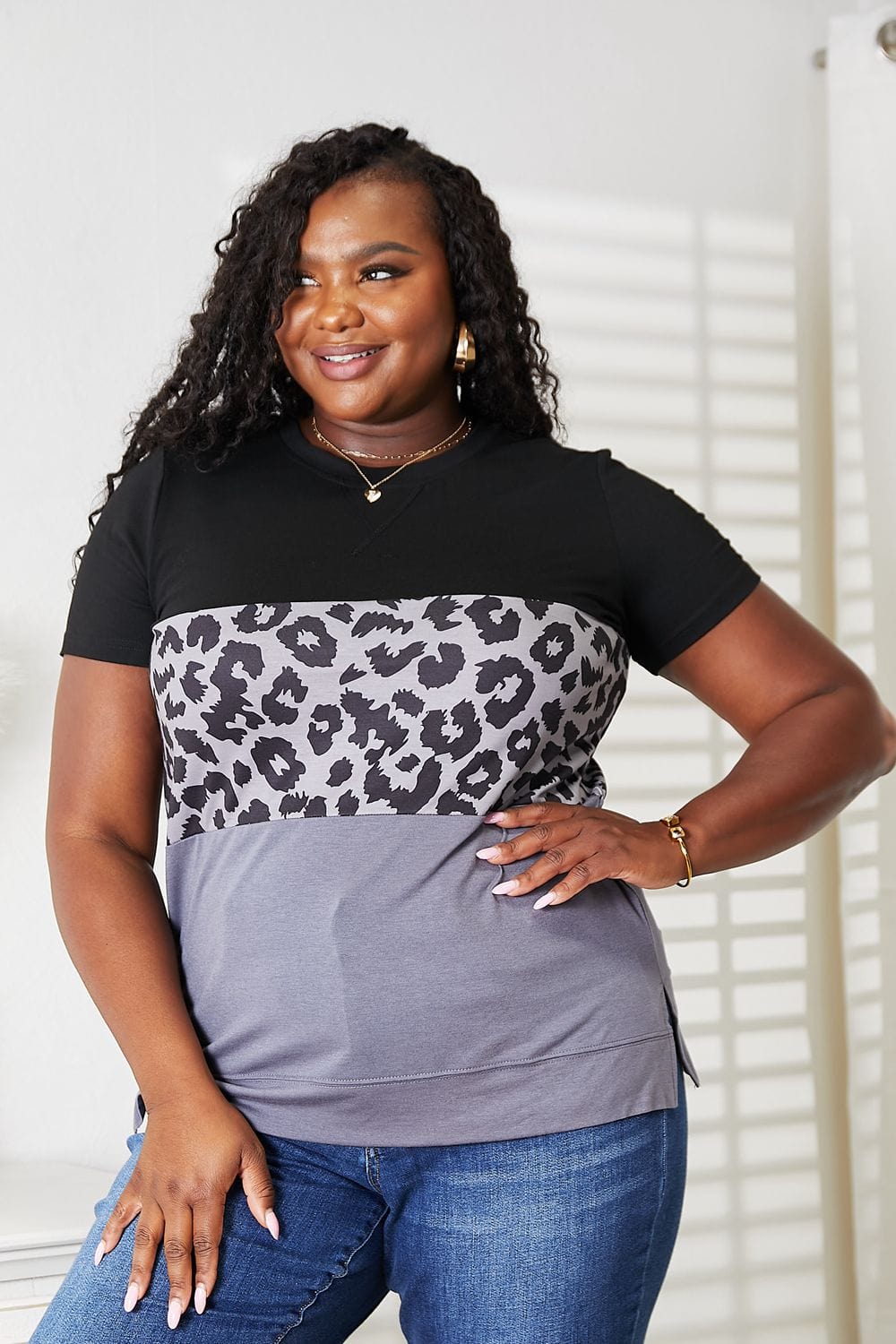 Trendsi Black / S Double Take Leopard Print Color Block Short Sleeve T-Shirt