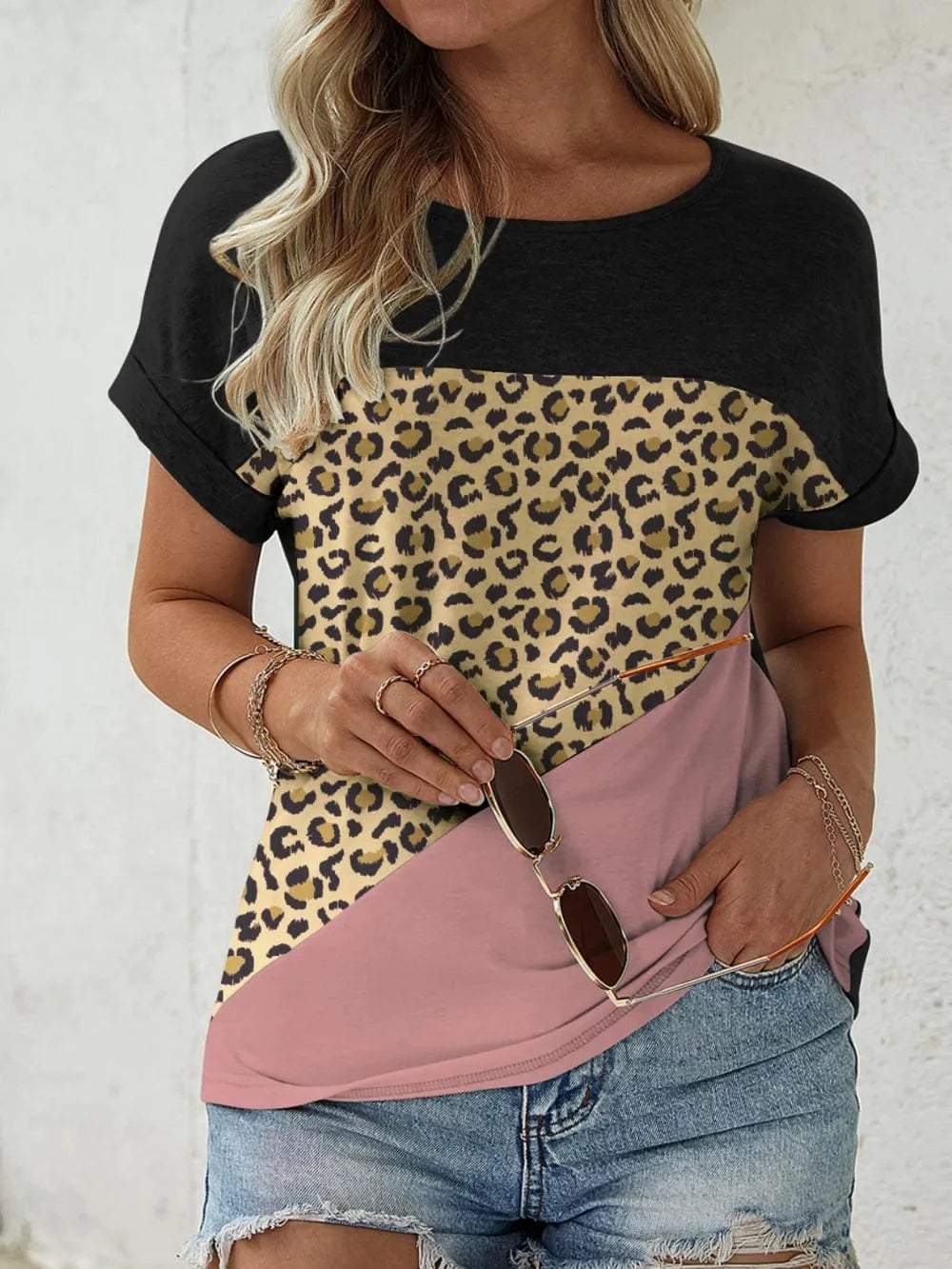 Trendsi Black / S FAM-FAM Leopard Round Neck Short Sleeve T-Shirt