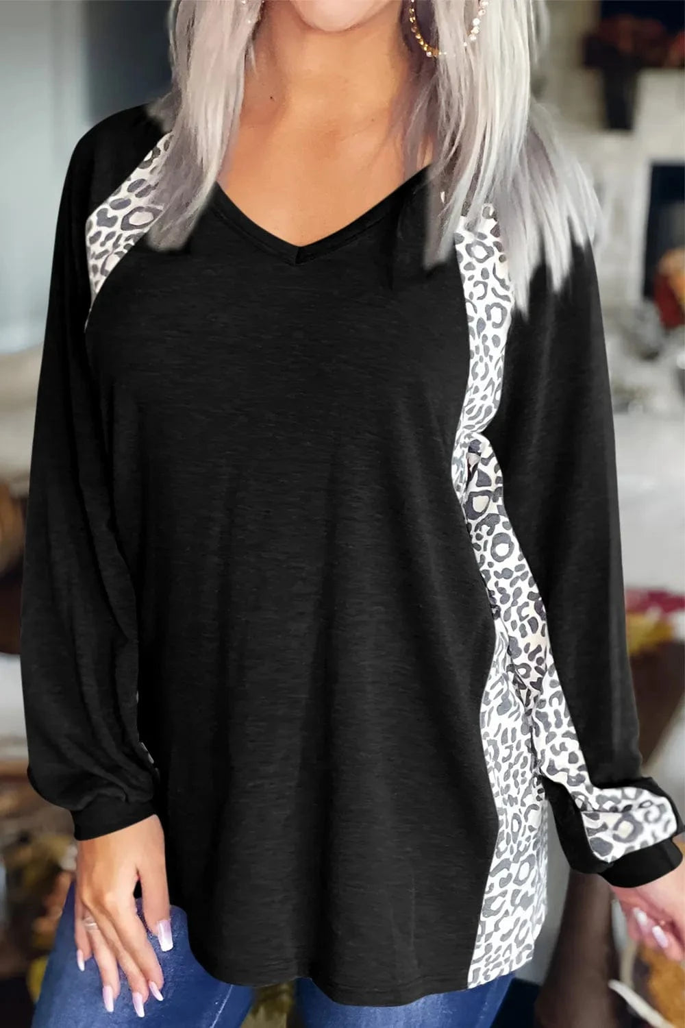 Trendsi Black / S Full Size Leopard V-Neck Long Sleeve T-Shirt