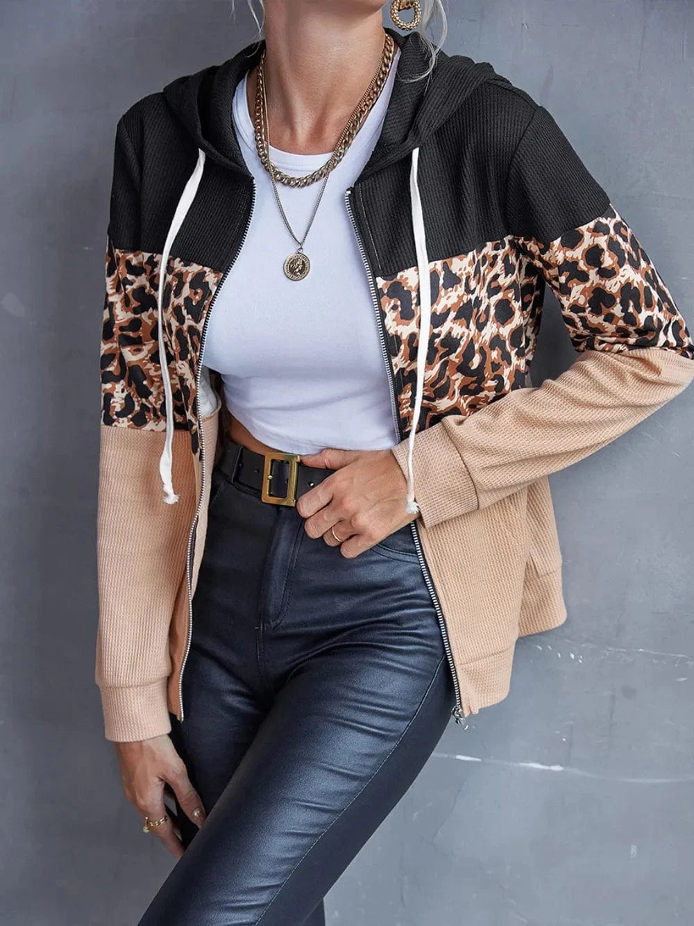 Trendsi Black / S Ivy Lane Drawstring Leopard Zip Up Hooded Jacket