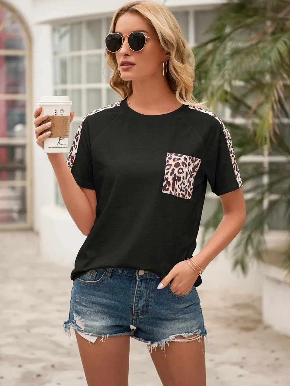 Trendsi Black / S Ivy Lane Pocketed Leopard Round Neck Short Sleeve T-Shirt