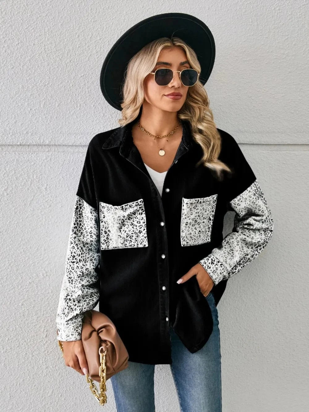Trendsi Black / S Leopard Button Up Denim Jacket