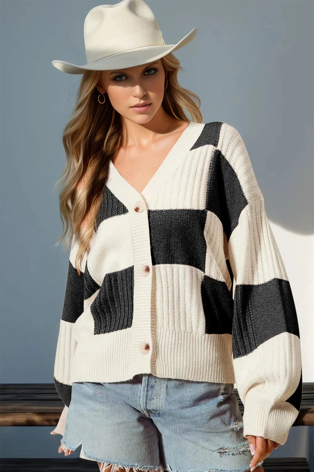 Trendsi Black / S/M Double Take Full Size Checkered Dropped Shoulder Cardigan