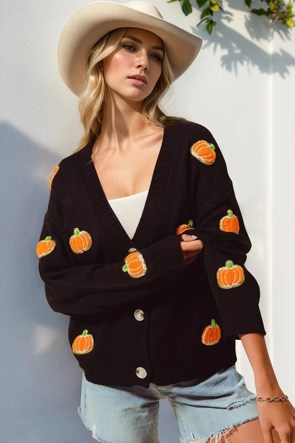 Trendsi Black / S/M Double Take Full Size Pumpkin Button Up Long Sleeve Cardigan