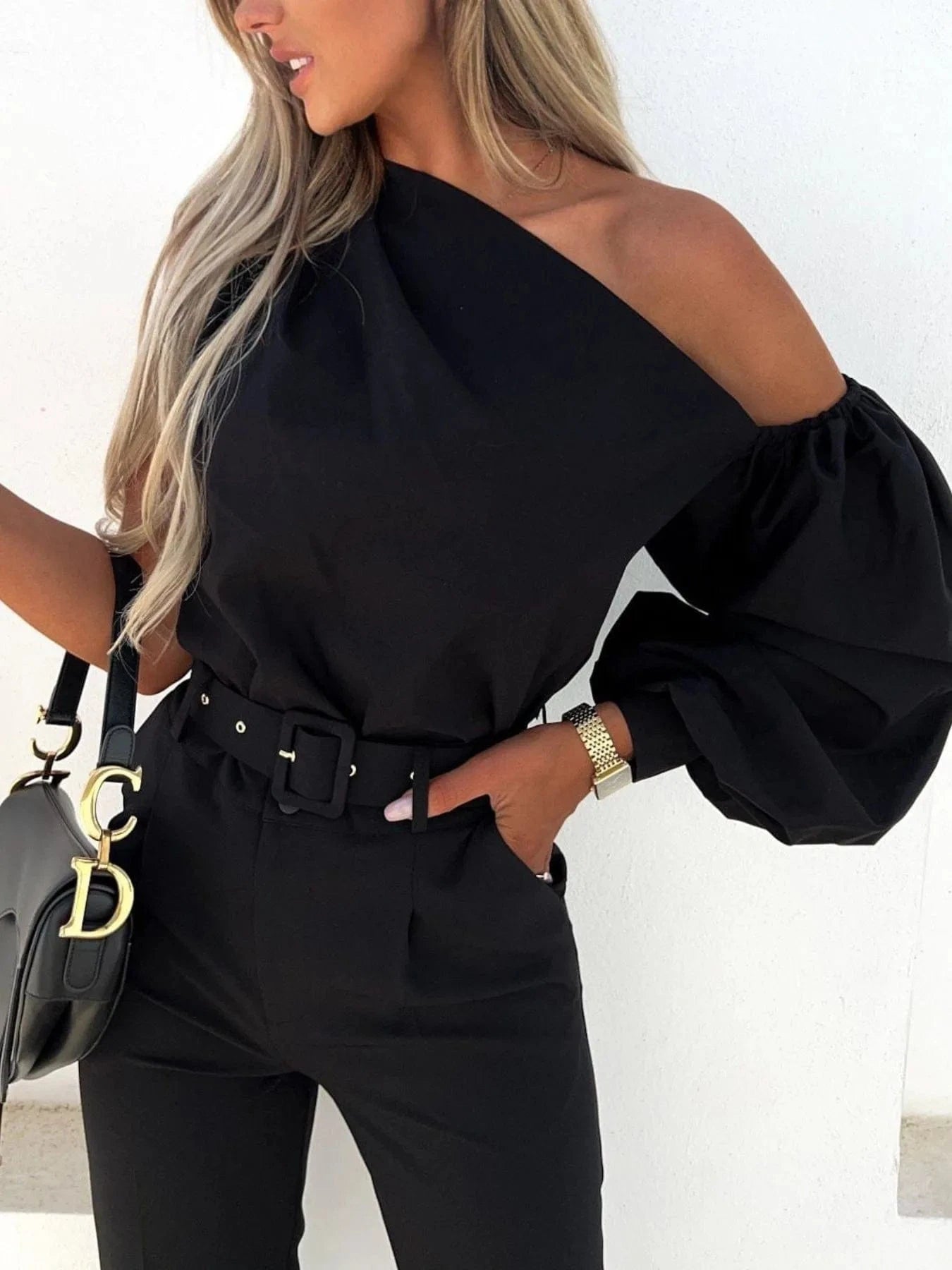 Trendsi Black / S One Shoulder Puff Sleeve Blouse