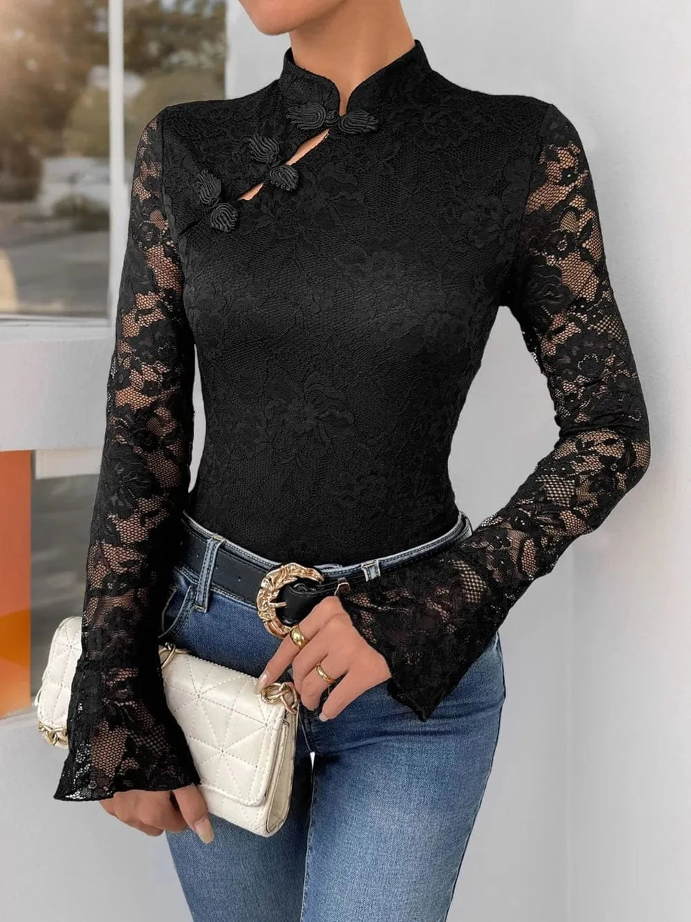 Trendsi Black / S Perfee Lace Mock Neck Long Sleeve Bodysuit