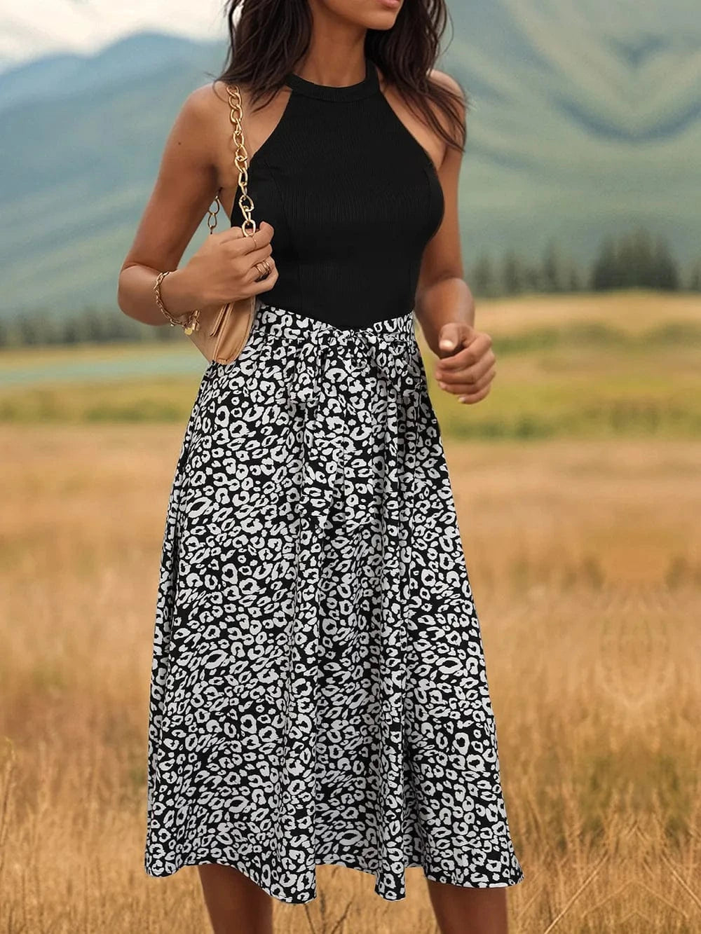 Trendsi Black / S Perfee Leopard Halter Neck Midi Dress