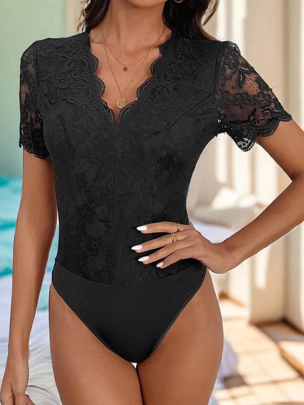 Trendsi Black / S Perfee V-Neck Short Sleeve Lace Bodysuit