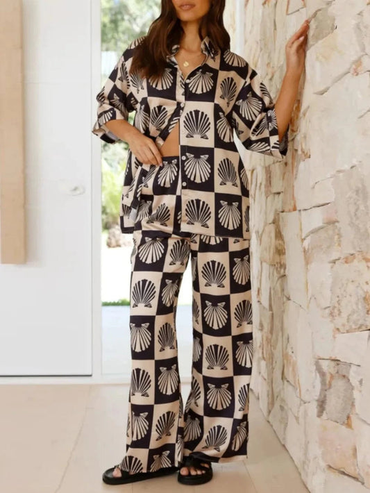 Trendsi Black / S Printed Collared Neck Top and Wide Leg Pants Set