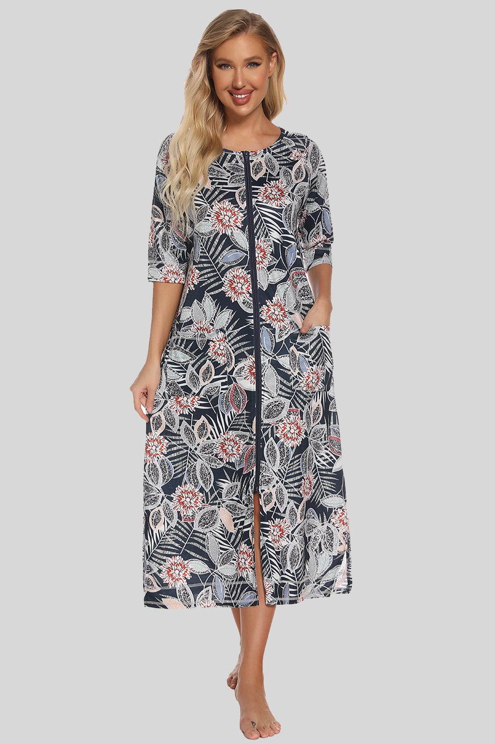 Trendsi Black / S Printed Slit Night Dress with Pockets