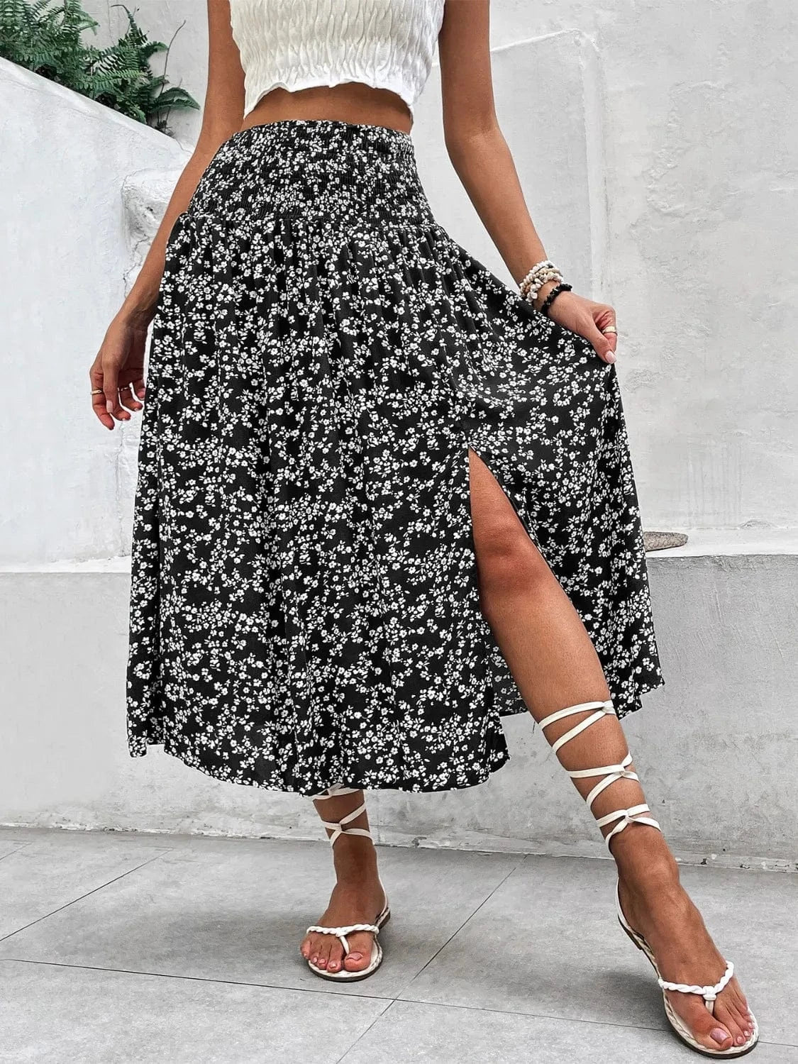 Trendsi Black / S Slit Smocked Printed Skirt