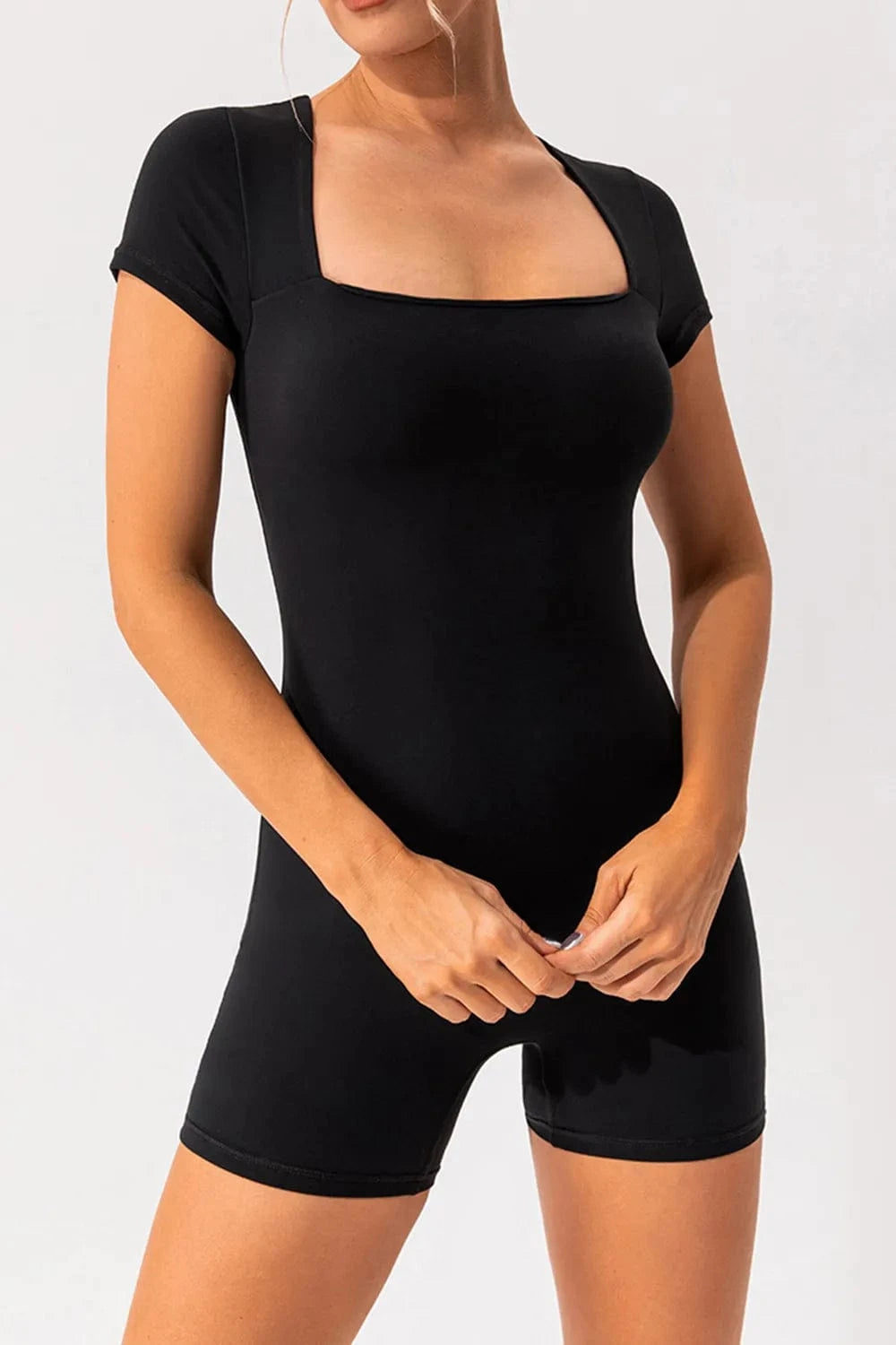 Trendsi Black / S Square Neck Cap Sleeve Active Romper
