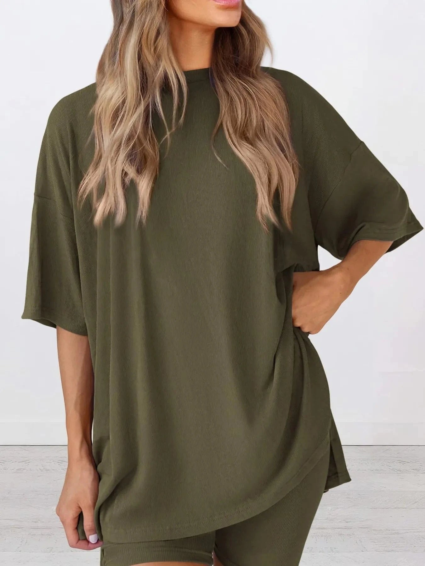 Trendsi Blazer&Shorts Army Green / S Full Size Oversized Round Neck Top and Shorts Set Plus Size
