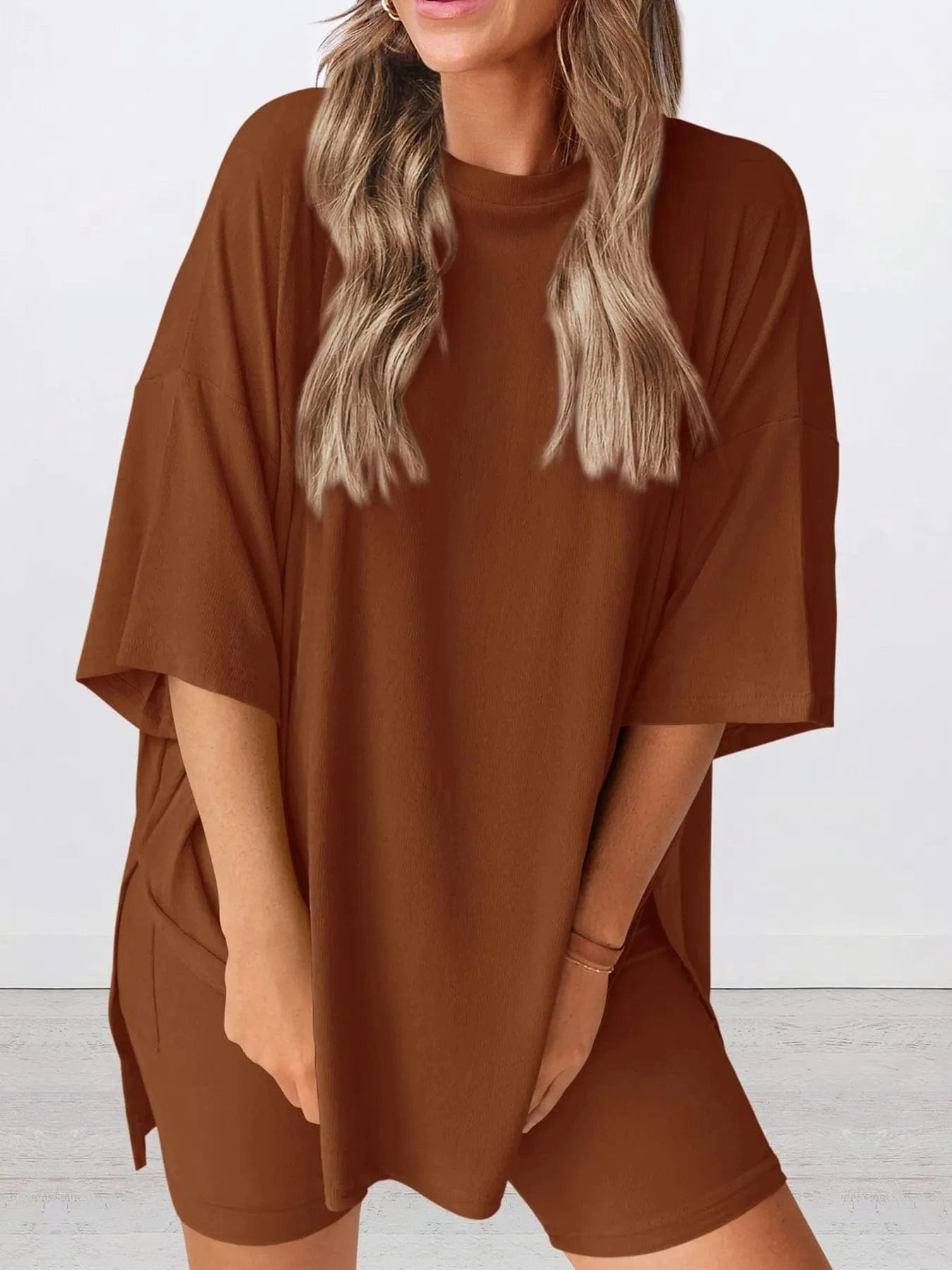 Trendsi Blazer&Shorts Brown / S Full Size Oversized Round Neck Top and Shorts Set Plus Size
