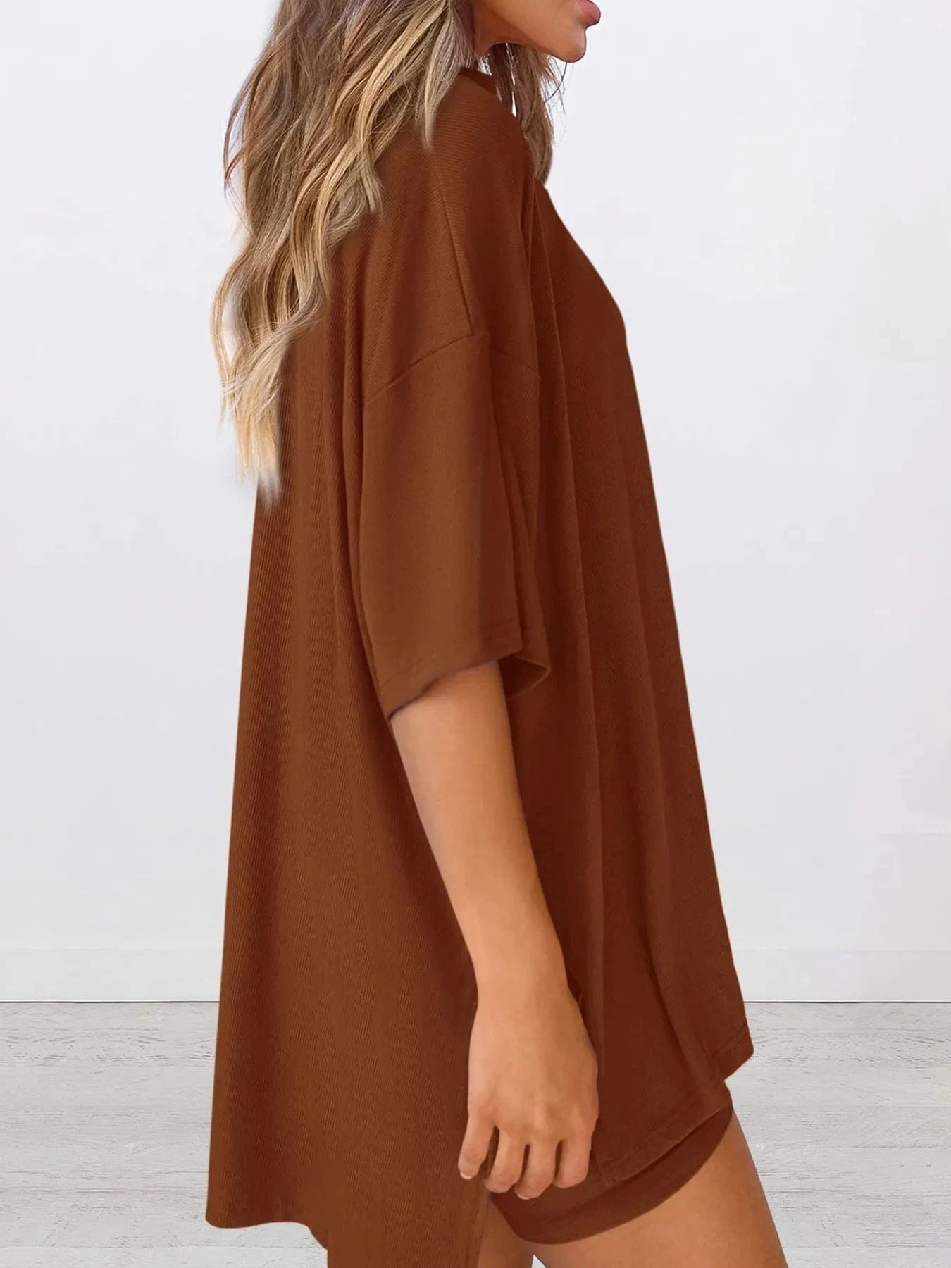 Trendsi Blazer&Shorts Full Size Oversized Round Neck Top and Shorts Set Plus Size