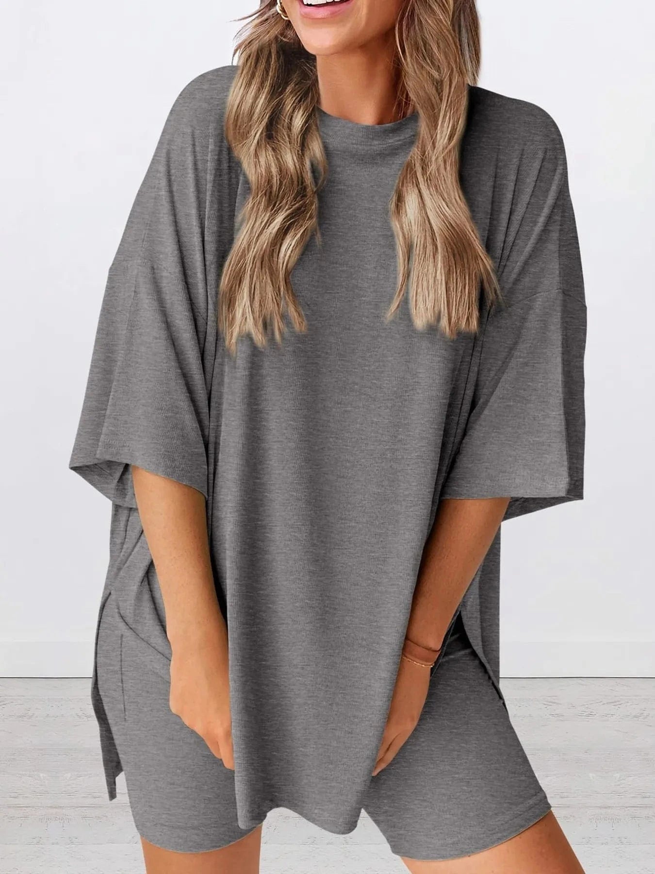 Trendsi Blazer&Shorts Full Size Oversized Round Neck Top and Shorts Set Plus Size