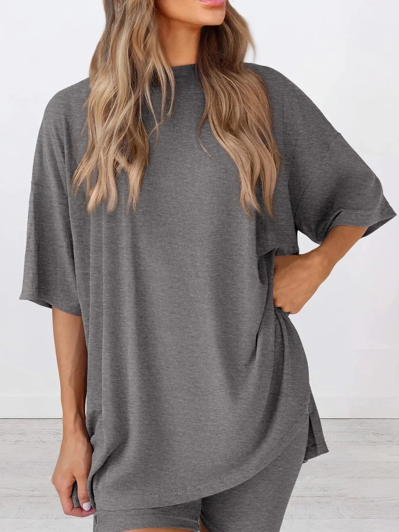 Trendsi Blazer&Shorts Grey / S Full Size Oversized Round Neck Top and Shorts Set Plus Size