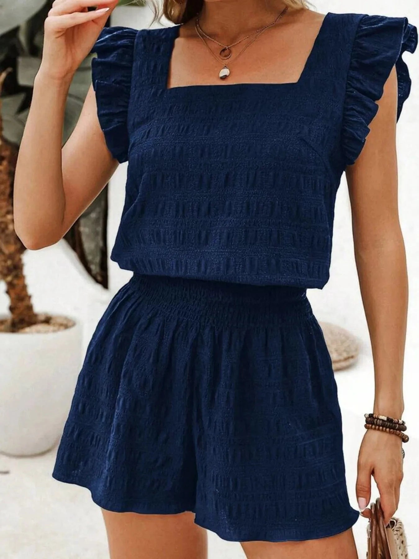 Trendsi Blazer&Shorts Navy / S Textured Square Neck Top and Shirred High Waist Shorts Set
