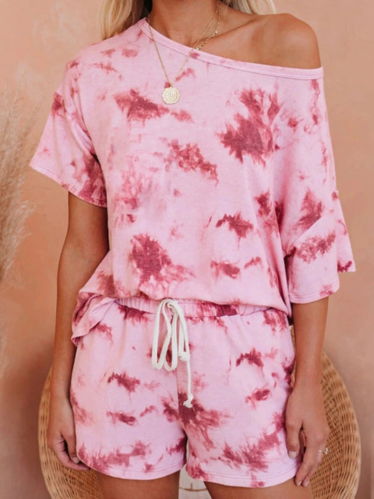 Trendsi Blazer&Shorts Pink / S Tie-Dye Boat Neck Top and Shorts Set