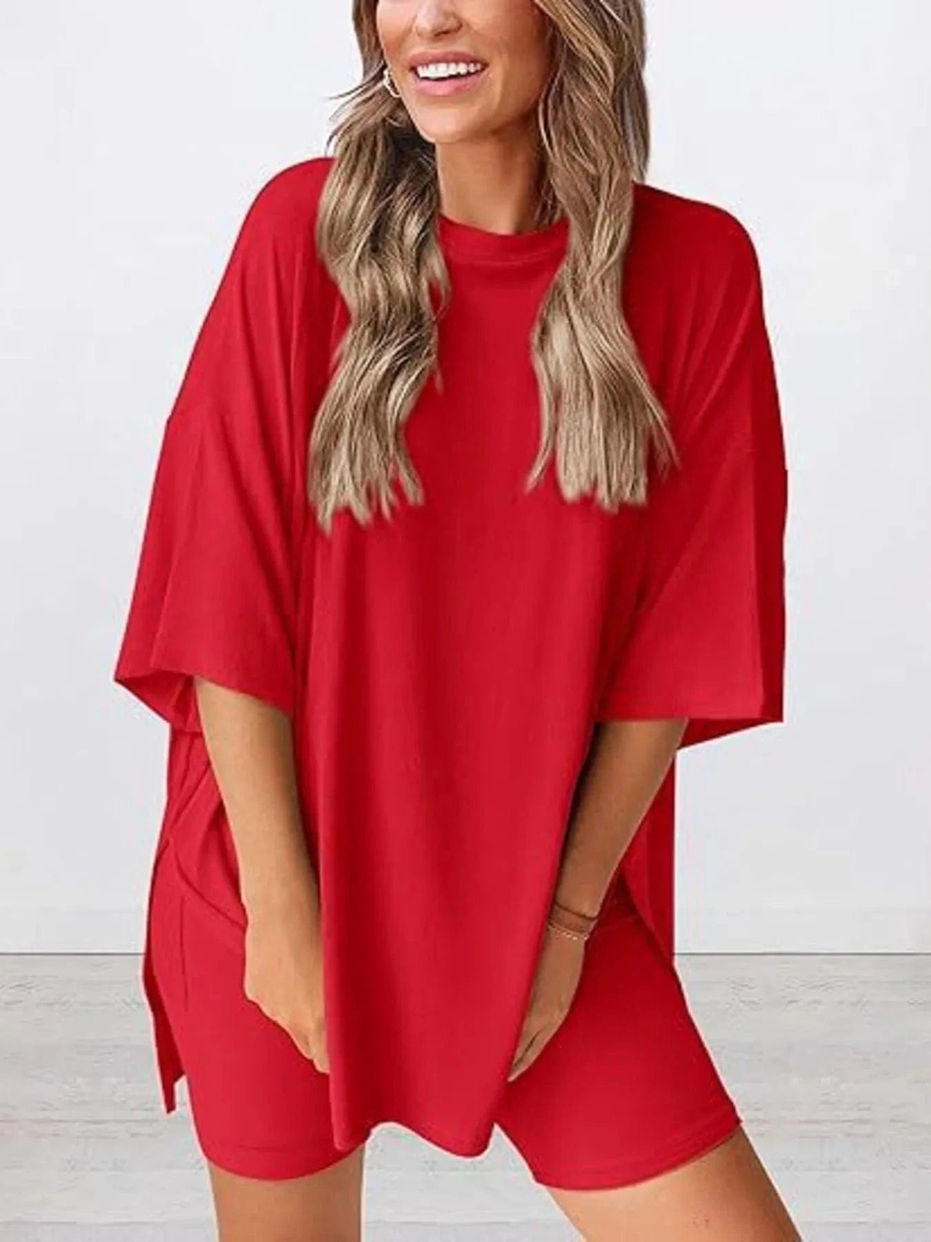 Trendsi Blazer&Shorts Red / S Full Size Oversized Round Neck Top and Shorts Set Plus Size
