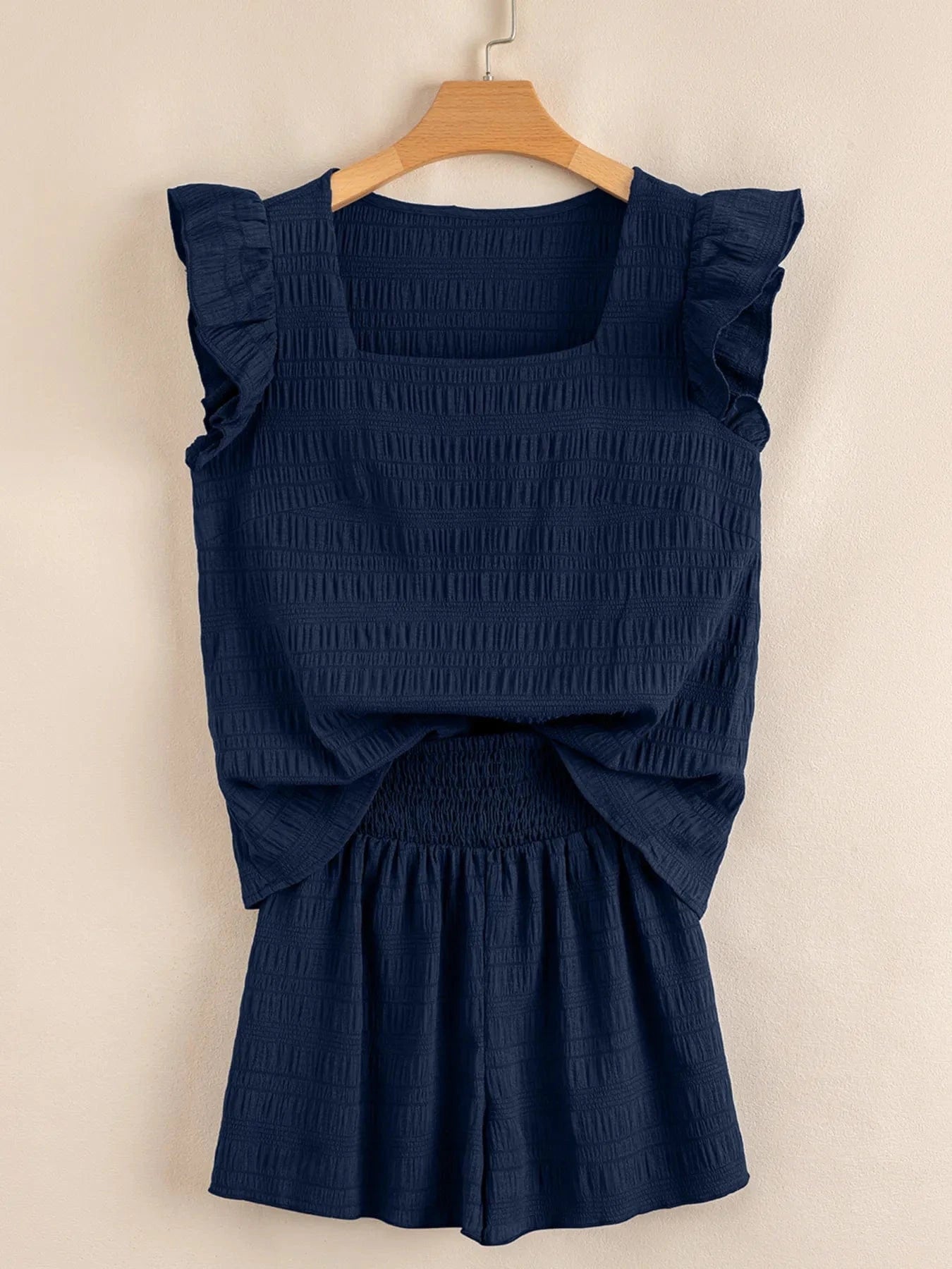 Trendsi Blazer&Shorts Textured Square Neck Top and Shirred High Waist Shorts Set