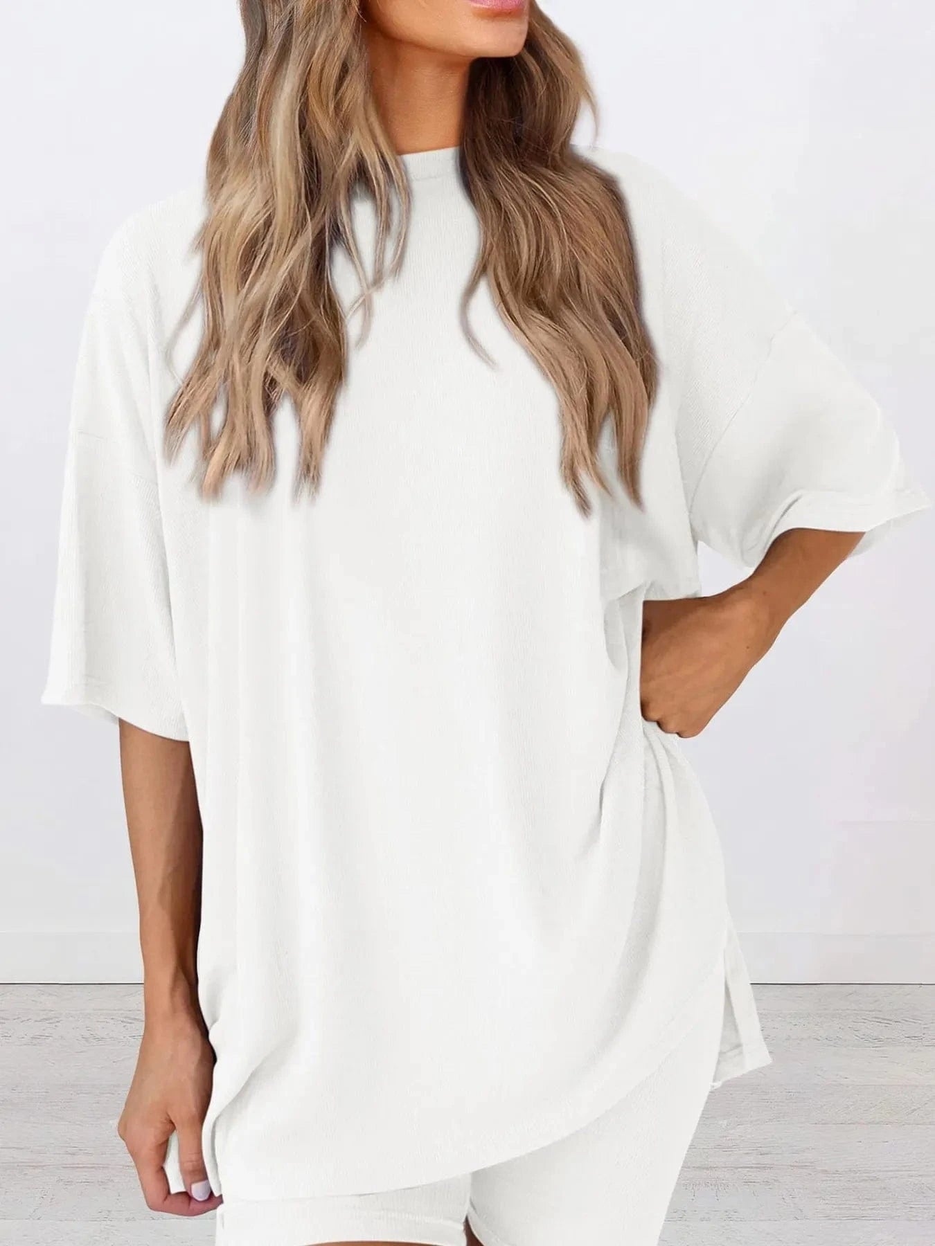 Trendsi Blazer&Shorts White / S Full Size Oversized Round Neck Top and Shorts Set Plus Size