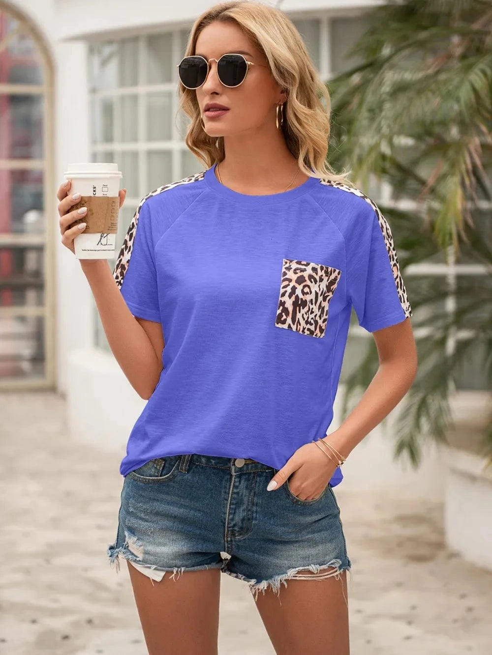 Trendsi Blue / S Ivy Lane Pocketed Leopard Round Neck Short Sleeve T-Shirt