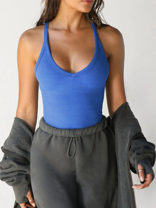 Trendsi Blue / XS Ribbed V-Neck Halter Tank Top