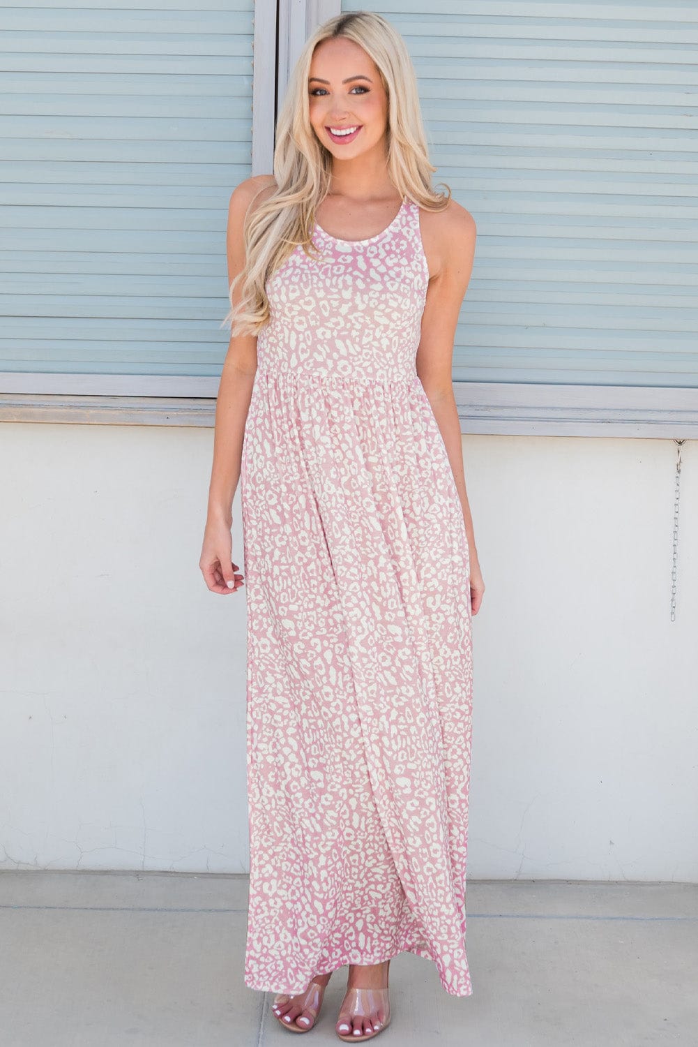 Trendsi Blush Pink / S Leopard Round Neck Sleeveless Maxi Dress