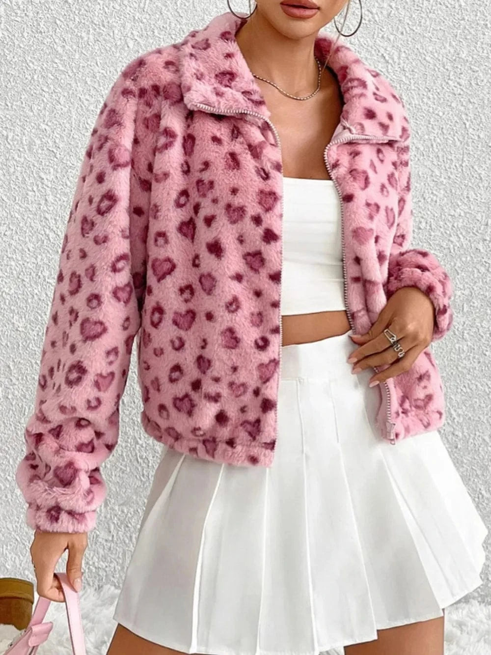 Trendsi Blush Pink / S Leopard Zip Up Long Sleeve Furry Jacket