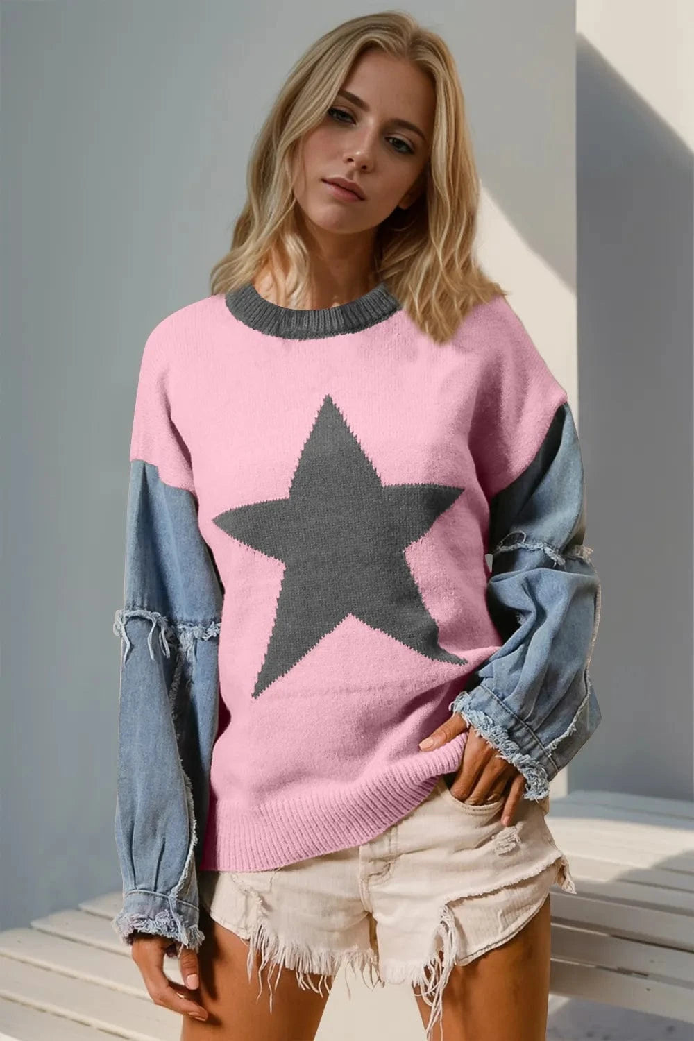 Trendsi Blush Pink / S/M Double Take Full Size Star Pattern Raw Edge Long Sleeve Sweater