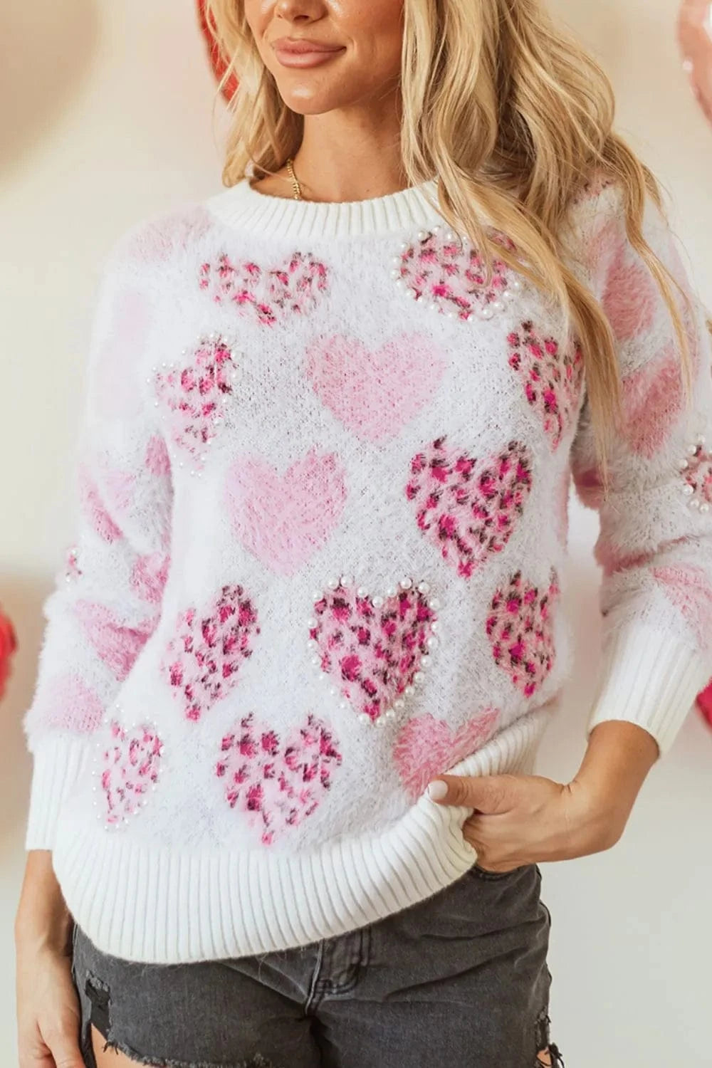 Trendsi Blush Pink / S Pearl Detail Heart Round Neck Sweater
