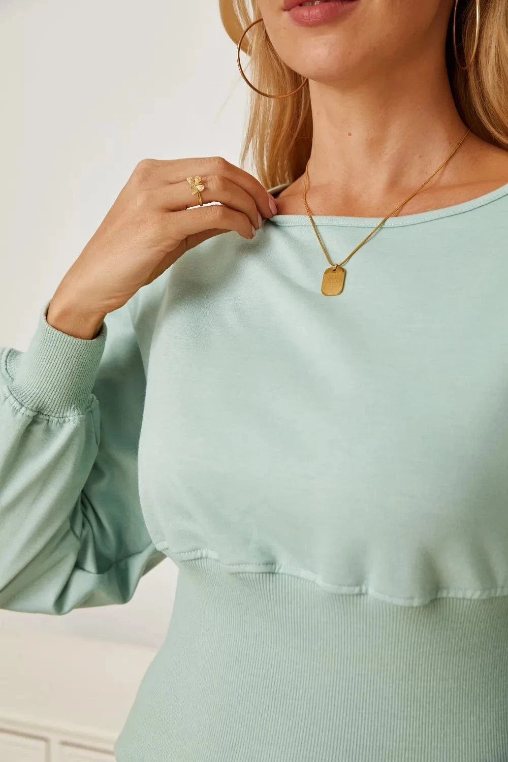 Trendsi Boat Neck Lantern Sleeve Blouse