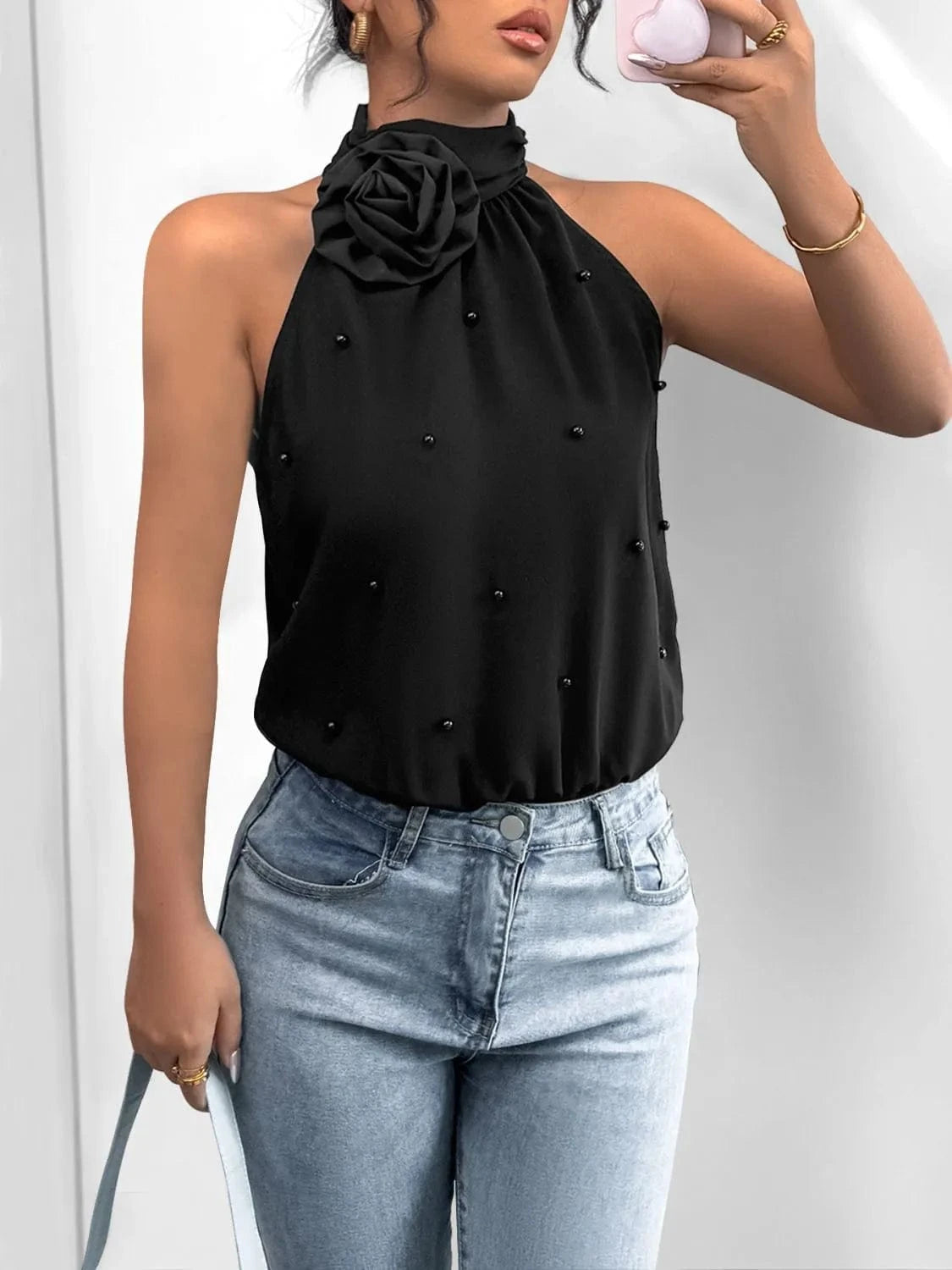 Trendsi bold bodysuits 3D Flower Grecian Neck Bodysuit