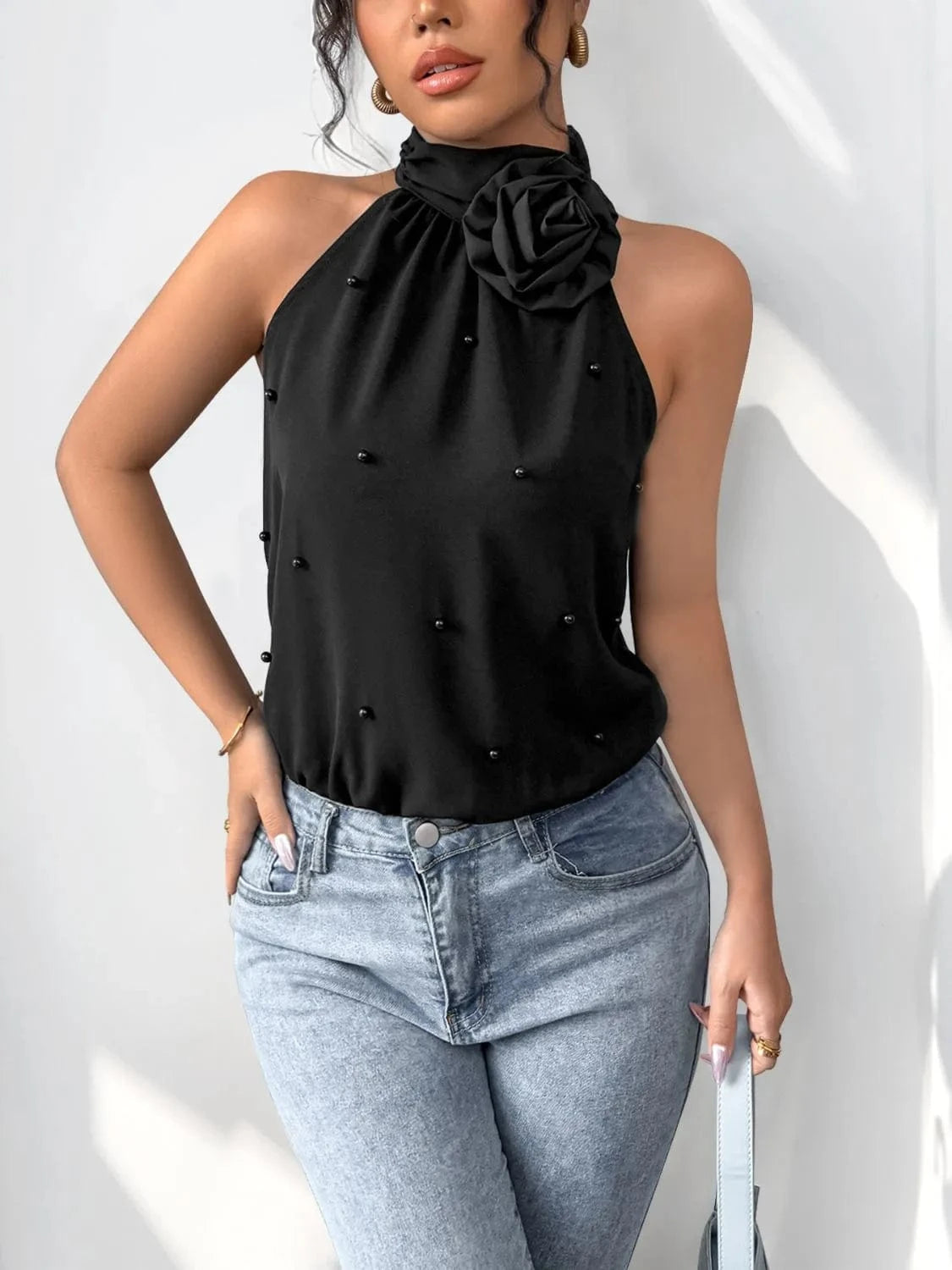 Trendsi bold bodysuits Black / S 3D Flower Grecian Neck Bodysuit