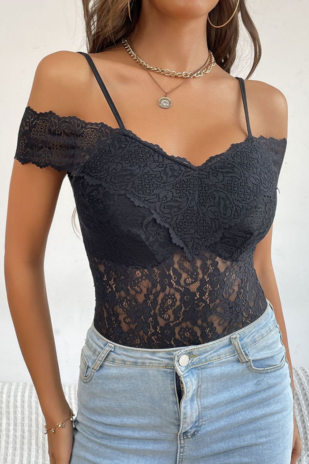 Trendsi bold bodysuits Perfee Lace Cold-Shoulder Bodysuit