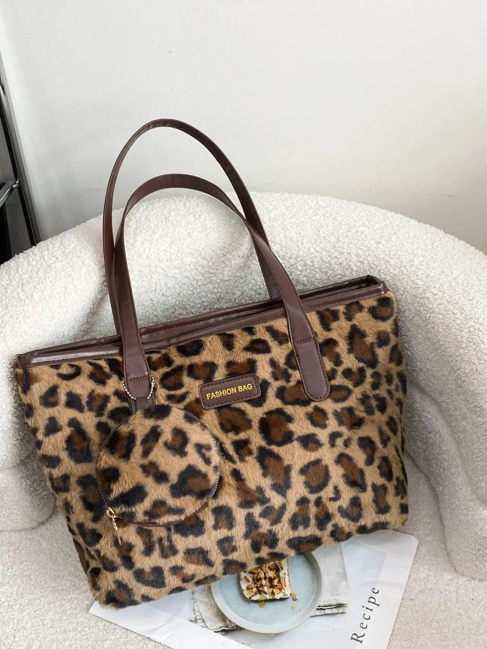 Trendsi Brown / One Size Leopard Faux Fur Tote Bag with Coin Purse