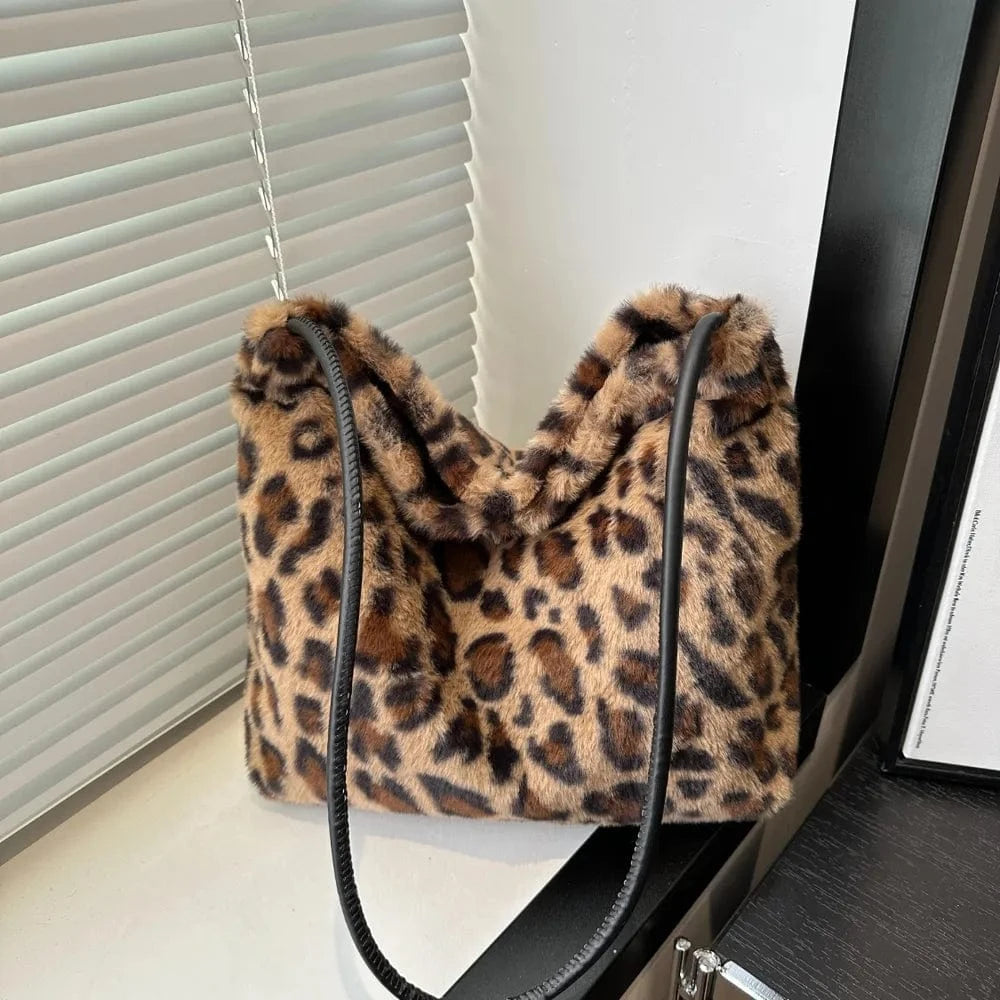 Trendsi Brown / One Size Leopard Furry Shoulder Bag