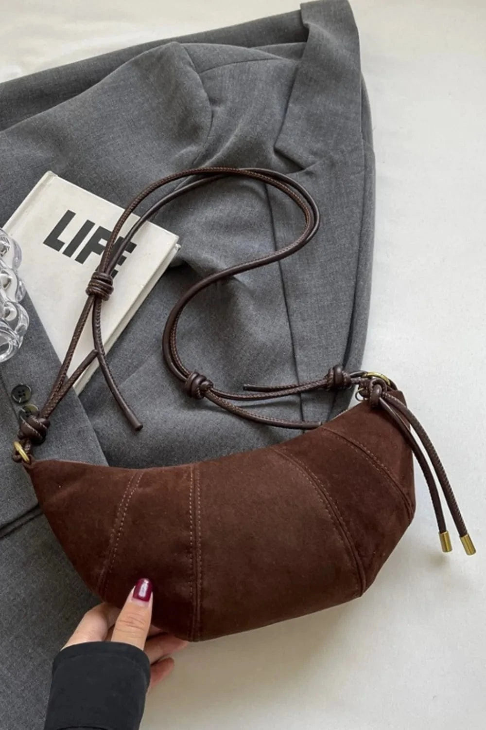 Trendsi Brown / One Size PU Leather Strap Suede Shoulder Bag