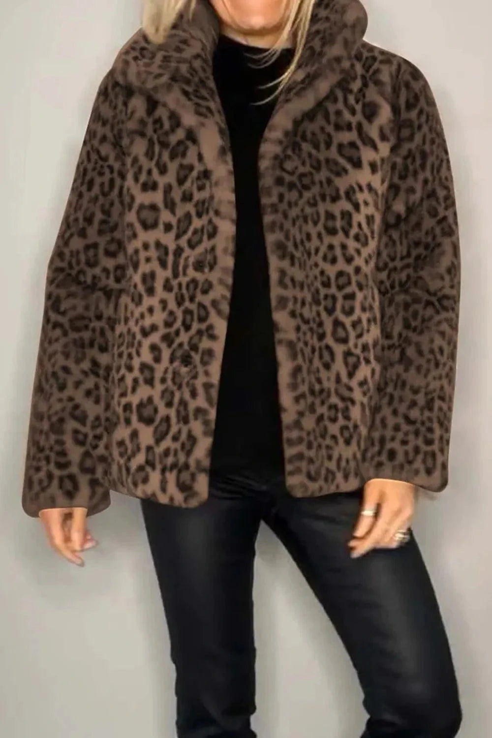 Trendsi Brown / S Full Size Leopard Furry Collared Neck Long Sleeve Coat