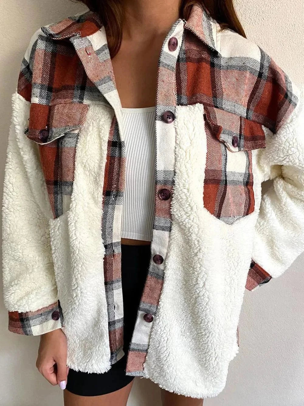 Trendsi Brown / S Fuzzy Button Up Long Sleeve Jacket
