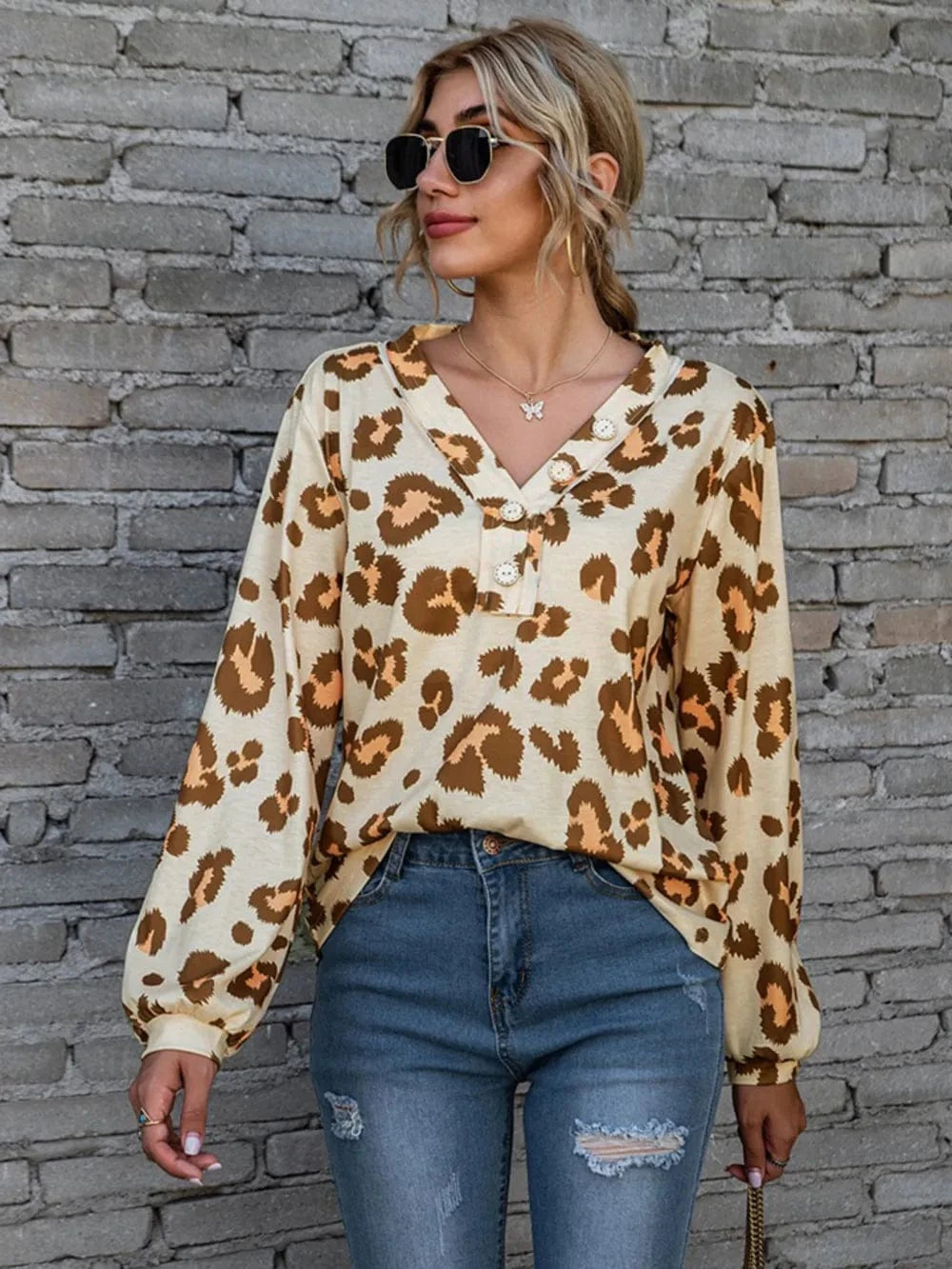 Trendsi Brown / S Leopard V-Neck Decorative Button Long Sleeve Blouse