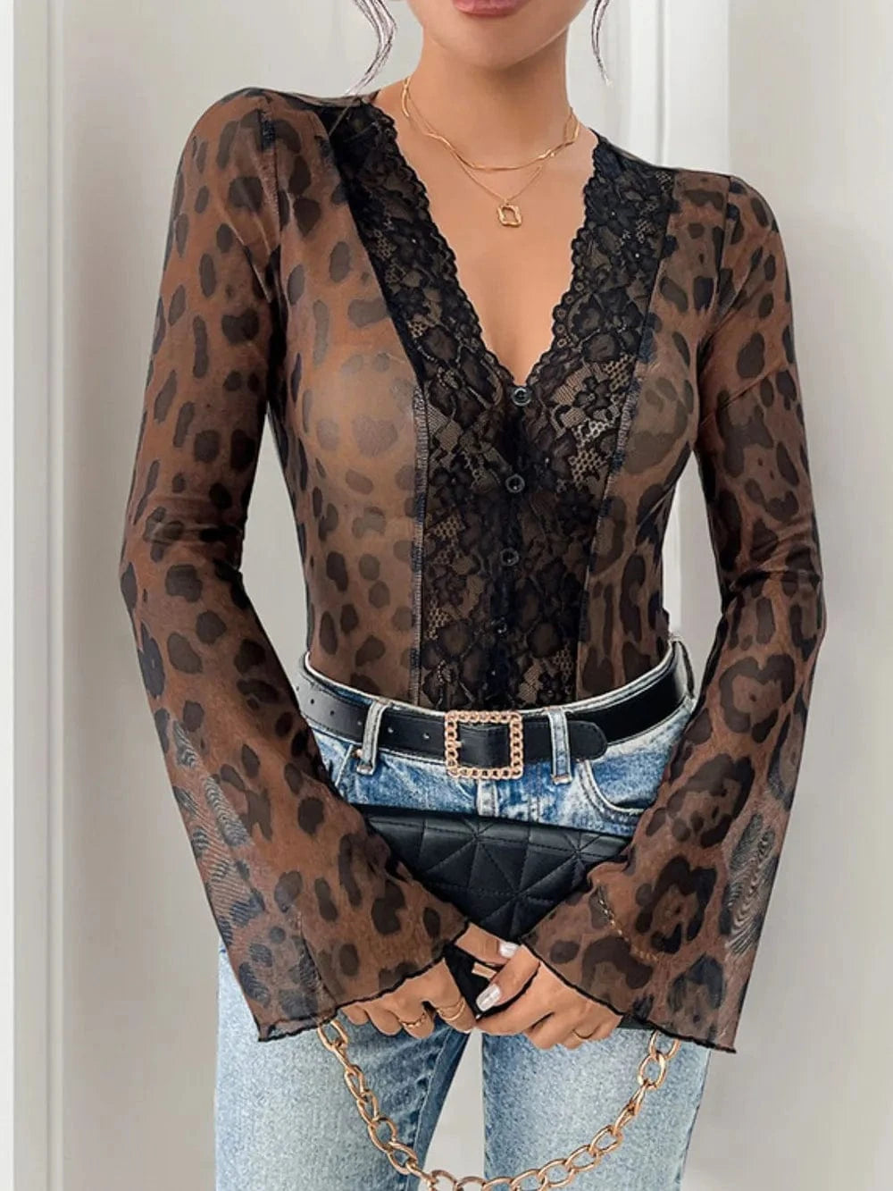 Trendsi Brown / S Perfee Leopard V-Neck Lace Bodysuit