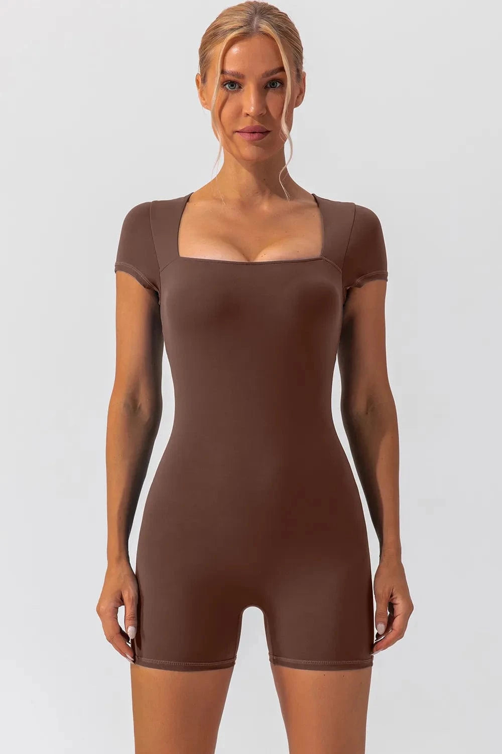 Trendsi Brown / S Square Neck Cap Sleeve Active Romper