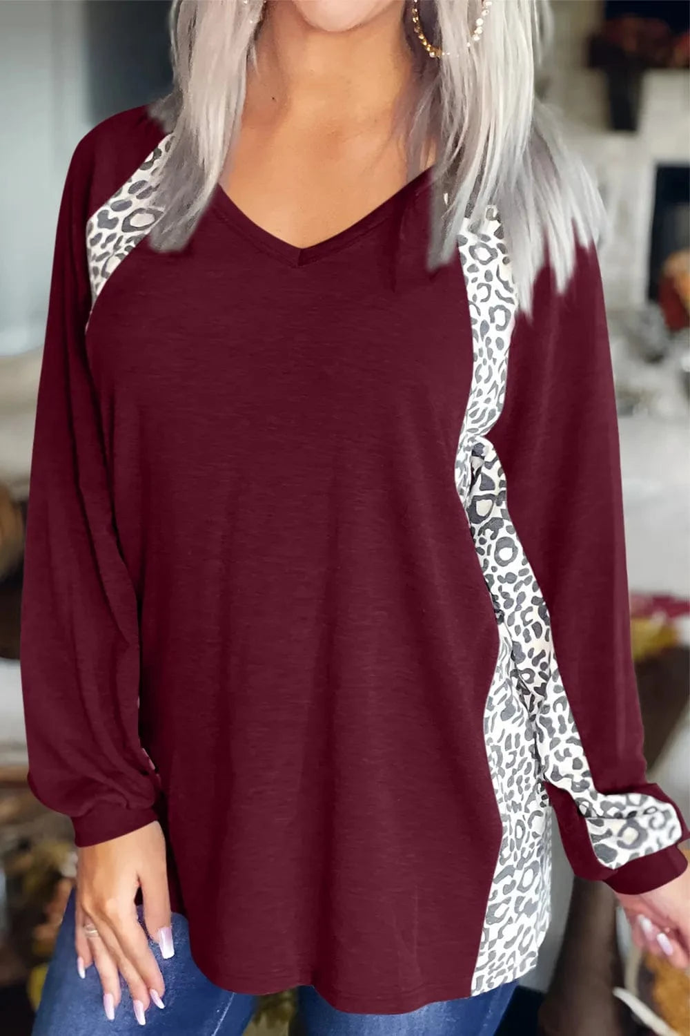 Trendsi Burgundy / S Full Size Leopard V-Neck Long Sleeve T-Shirt
