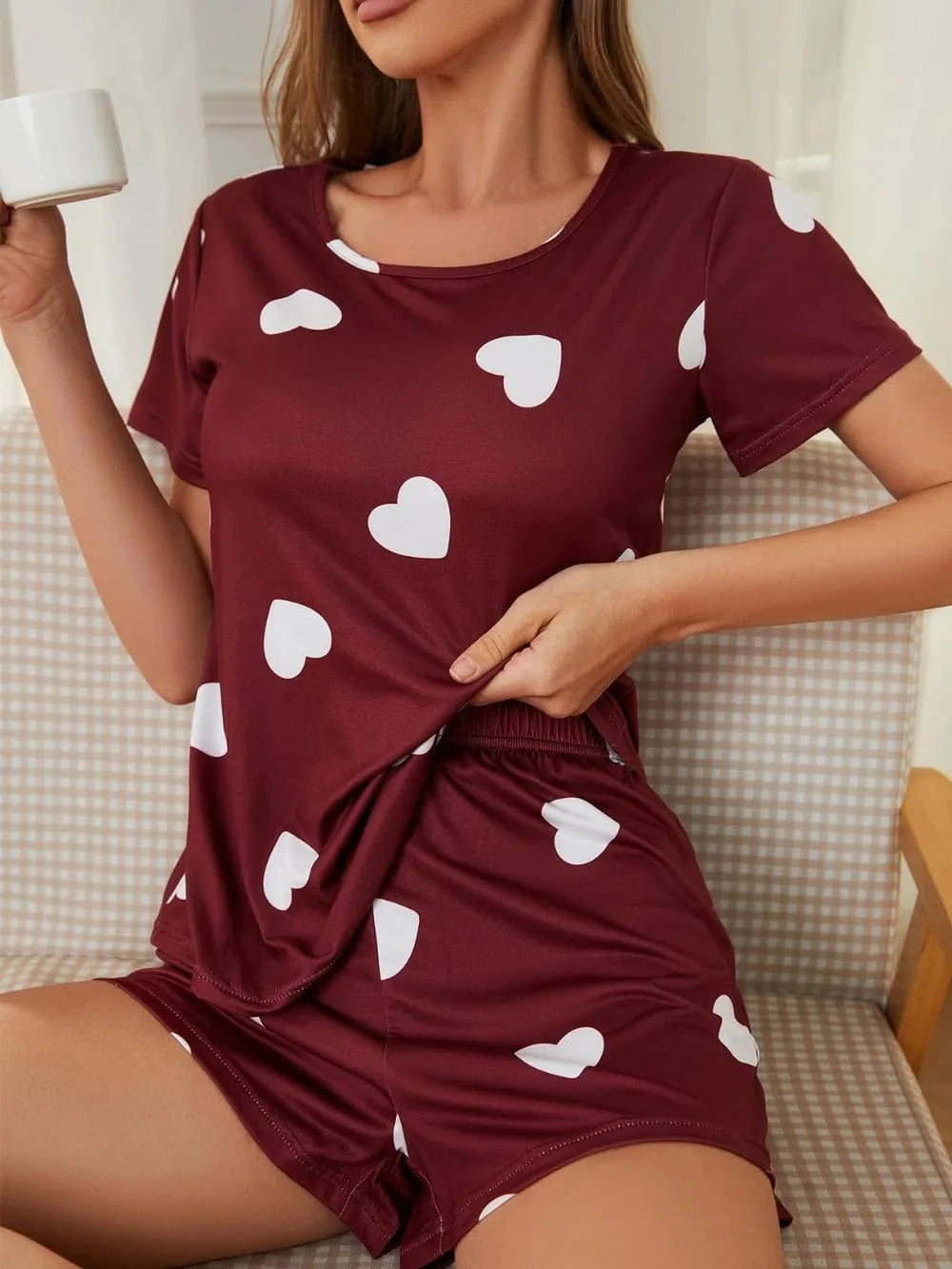 Trendsi Burgundy / S Heart Round Neck Top and Shorts Lounge Set