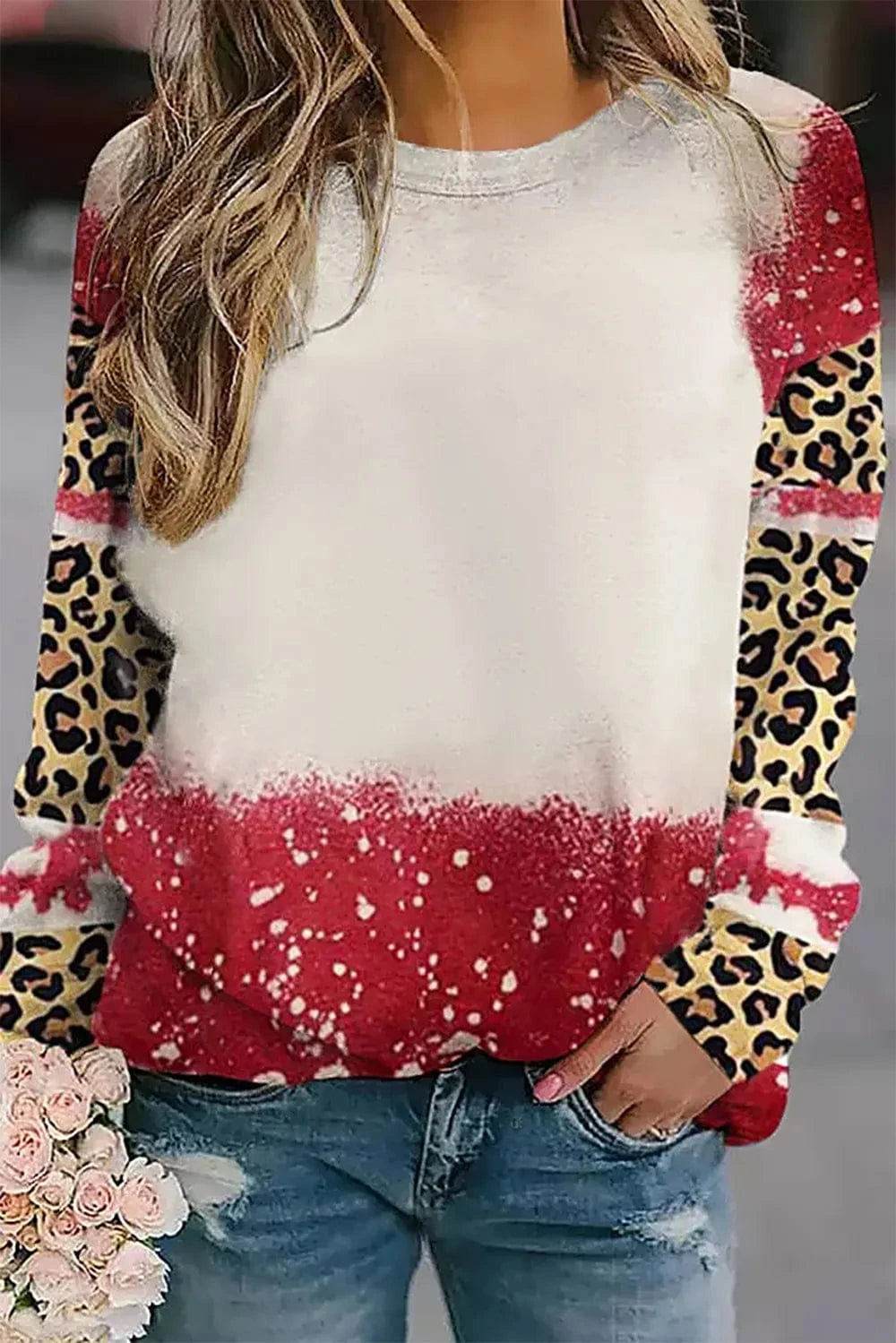 Trendsi Burgundy / S Leopard Round Neck Long Sleeve T-Shirt